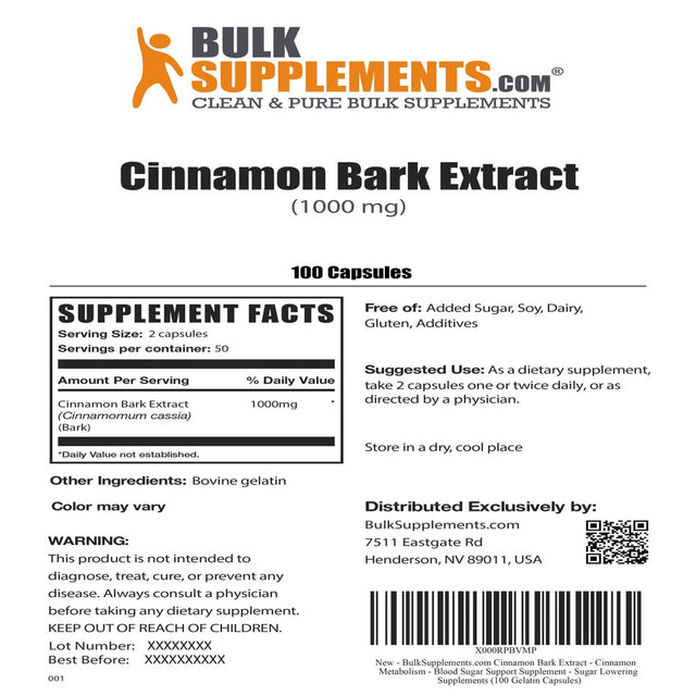 Bulksupplements.Com Cinnamon Bark Extract Capsules - Cinnamon Extract - Cinnamon Supplement - Blood Sugar Support Supplement (100 Gelatin Capsules - 100 Servings)