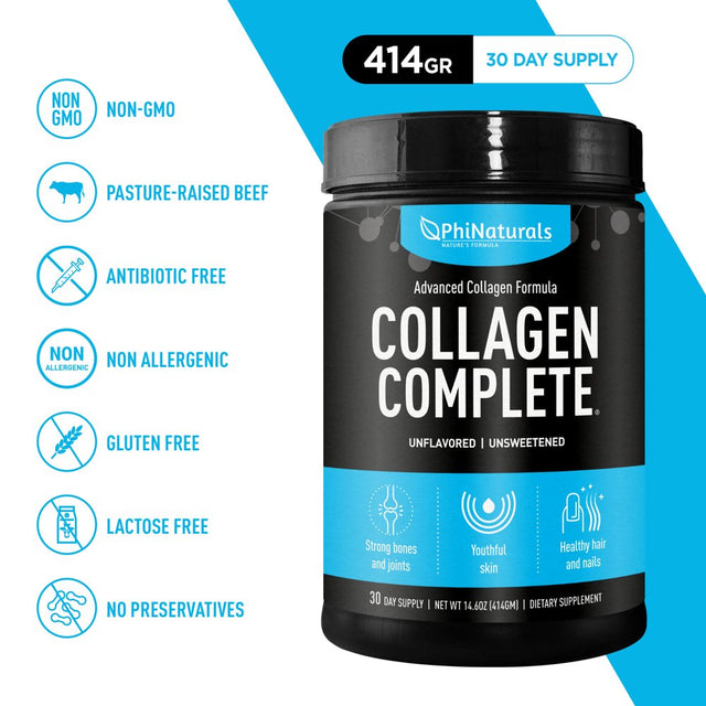 Phi Naturals Collagen Complete Powder Supplement Advanced Collagen Formula with Hydrolyzed Collagen Types 1, 2, 3 Unflavored 14.6 Oz