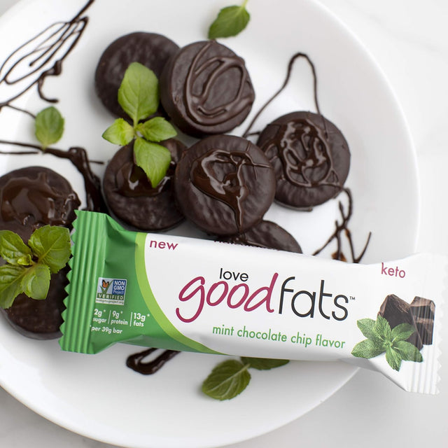 Love Good Fats - Mint Chocolate Chip - High Fat Keto Snacks Keto - Low Carb Keto Bars Perfect for Keto Diets - Gluten Free & Non GMO - 4 Bars