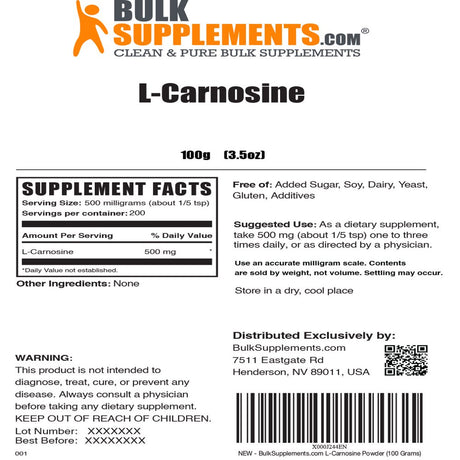 Bulksupplements.Com L-Carnosine Powder Eye Supplement Vegetarian - Vegetarian Supplement (100 Grams)