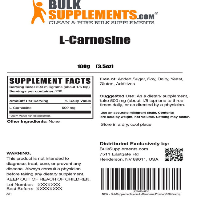 Bulksupplements.Com L-Carnosine Powder Eye Supplement Vegetarian - Vegetarian Supplement (100 Grams)