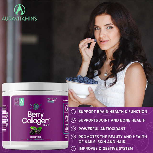 Berry Collagen Blast Powder Hydrolyzed (1) |Premium Blend Grass-Fed - Soy Free | Dual Action Collagen Peptides | Support Bones and Joints | Blueberry & Blackberry | IGEN GMO - 204 Grams