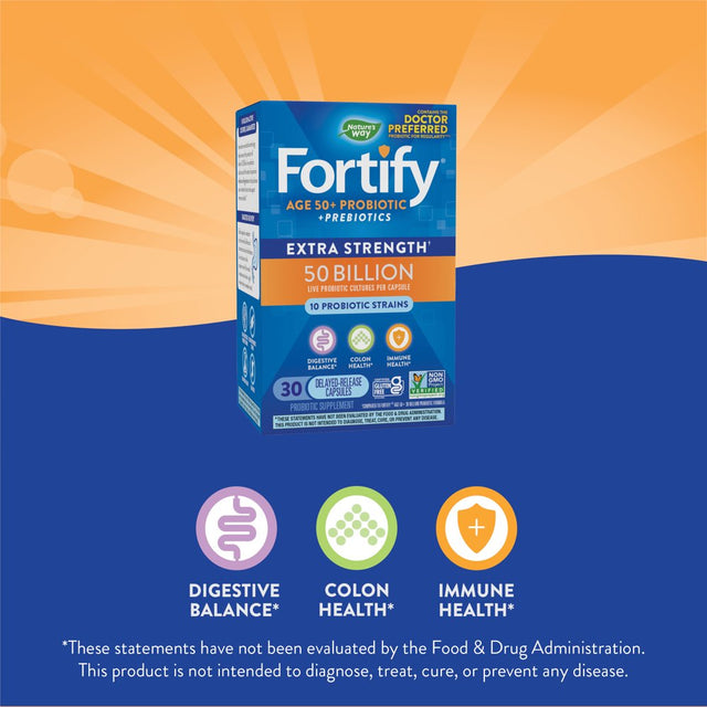 Fortify Age 50+ Extra Strength Probiotic Capsules, 50 Billion Live Cultures, Digestive Health*, 30Ct