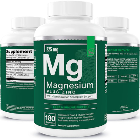 Magnesium & Zinc with Vitamin D3 by Essential Elements - for Sleep Immune & Bone Support | Magnesium Citrate, Glycinate, Malate 225Mg - Triple Magnesium Supplement for Women and Men - 3 Month Supply