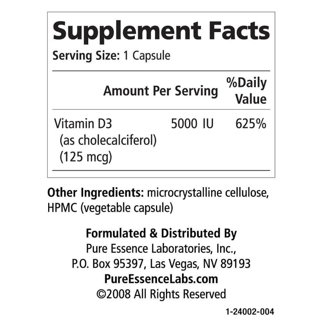 Pure Essence Labs - Vitamin D 5000 IU - 30 Vegetarian Capsules