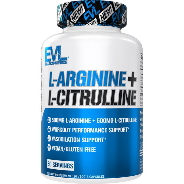 Evlution Nutrition L-Arginine + L-Citrulline - Endurance + Workout Performance Supplement - 500Mg Complex - Vasodilation + Nitric Oxide Support - Vegan + Gluten Free Capsules - 60 Servings