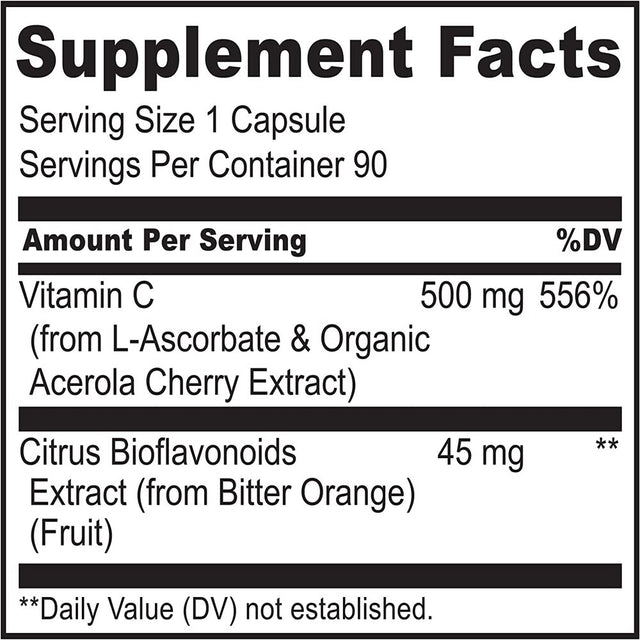 NATURELO Vitamin C with Organic Acerola Cherry Extract and Citrus Bioflavonoids - Vegan Supplement - Immune Support - 500 Mg VIT C per Cap - Non-Gmo - 90 Capsules