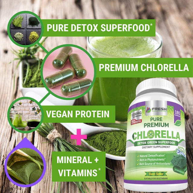 Premium Chlorella Detox Superfood Supplement, 1200Mg per Serving, Naturally Occuring B Vitamins, Minerals, Chlorophyll and CFG, 180 Vegan Capsules