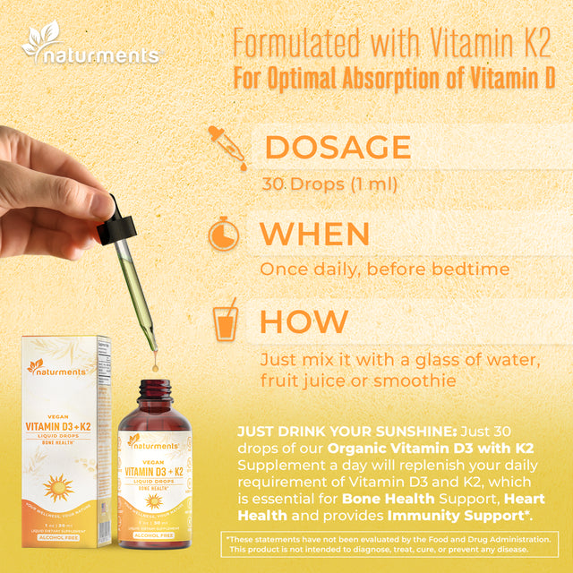 Naturments Vitamin D3 with K2 Liquid Drops (As Lichen) +K2 Complex : for Bone and Heart Health Formula Immune Support and Energy - Faster Absorption Non-Gmo, Vegan Alcohol-Free, Sugar-Free 1 Fl Oz