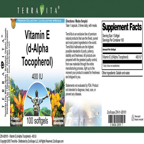 Terravita Vitamin E (D-Alpha Tocopherol) - 400 IU, (100 Softgels, 1-Pack, Zin: 428181)