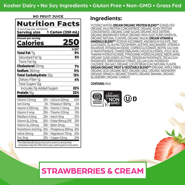 Orgain Clean Protein Shake, Grass Fed Dairy, Vanilla Bean (Pack of 12) and Orgain Organic Nutritional Protein Shake, Strawberries & Cream (Pack of 12)