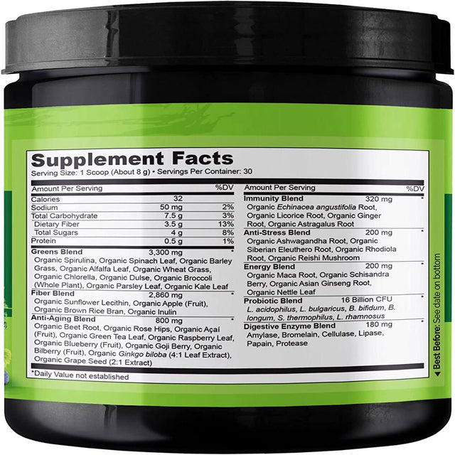 NATURELO Raw Greens Superfood Powder - Unsweetened - Boost Energy, Detox, Enhance Health - Organic Spirulina - Wheat Grass - Whole Food Nutrition from Fruits and Vegetables - 30 Servings