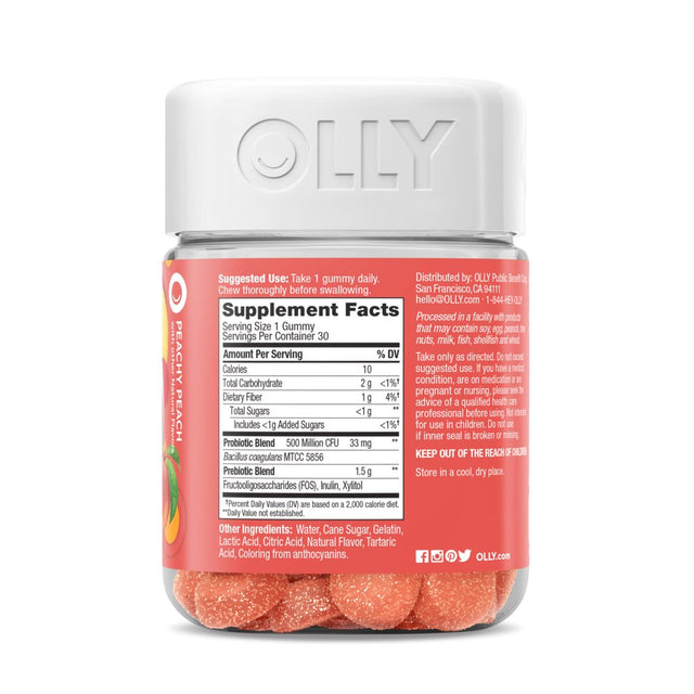 OLLY Probiotic + Prebiotic Fiber Gummy, Digestive + Gut Health Supplement, Peach, 30 Ct