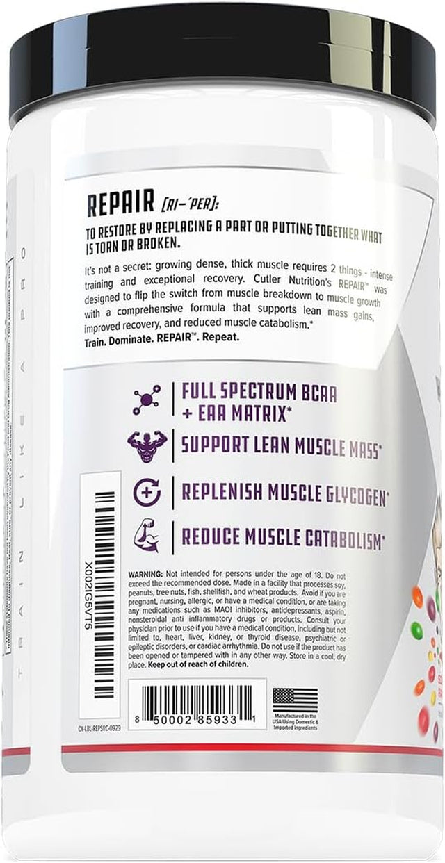 Repair Post Workout Recovery Drink: Fast Absorbing Carbohydrates (Waxy Maize + Cluster Dextrin) and BCAA/EAA for Advanced Muscle Recovery, Sour Rainbow Candy, 20 Servings