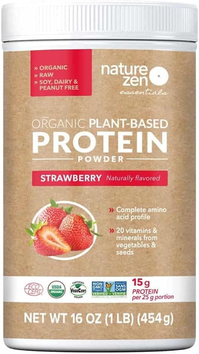 Nature Zen Organic Vegan Protein Powder From, Strawberry, Organic Rice and Pea Protein, Low Net Carbs, Dairy Free, Soy Free, Gluten Free, Naturally Non GMO, Kosher, Halal, 18 Servings, 1Lb