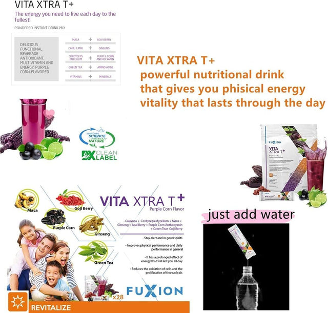 Fast Acting Energizing Tea by Fuxion Vita Xtra T-Mix All Natural Herbs&Fruits for Natural Energy (Purple Corn, 28 Sachets)