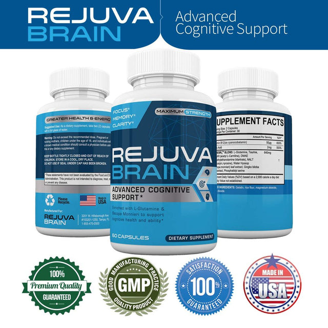 Rejuva Brain - Advanced Cognitive Support - Enriched W/ L-Glutamine & Bacopa Monnieri to Support Cognitive Health and Ability - 60 Capsules