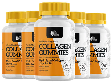 (5 Pack) Collagen Gummies for Healthy Hair, Skin, Nails, Gelatin-Free by Vitacosmo, 300 CT