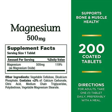 Natureâ€™S Bounty Magnesium, Bone and Muscle Health, Tablets, 500 Mg, 200 Ct