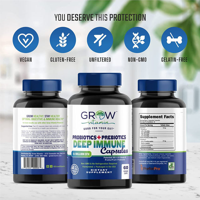 Grow Vitamin Deep Immune Probiotics & Prebiotics for Women & Men – 4.4 Billion Cfus, Helps Support Digestive & Gut Health, Immune Strength & Absorb Nutrition – 2 Daily, 60 Capsules (30 Day Supply)