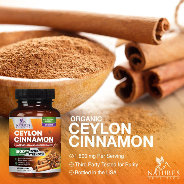 Pure Cinnamon Capsules, Certified Organic Ceylon Cinnamon Pills, Non-Gmo, Gluten-Free, Dairy-Free, Sri Lanka Cinnamon Powder Supplement, Best Vegan True Cinnamomum Vitamins, Sugar Free - 60 Capsules