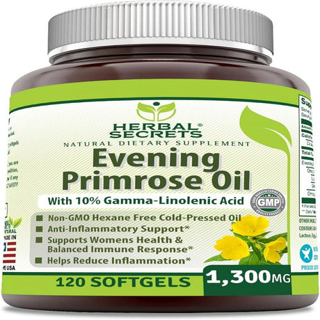 Herbal Secrets Evening Primrose Oil 1300Mg, 10% GLA, 120 Softgels Supplement | Hexane Free Cold Pressed Oil | Non-Gmo | Gluten Free