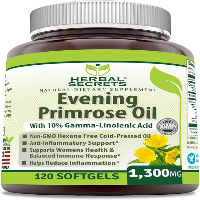 Herbal Secrets Evening Primrose Oil 1300Mg, 10% GLA, 120 Softgels Supplement | Hexane Free Cold Pressed Oil | Non-Gmo | Gluten Free