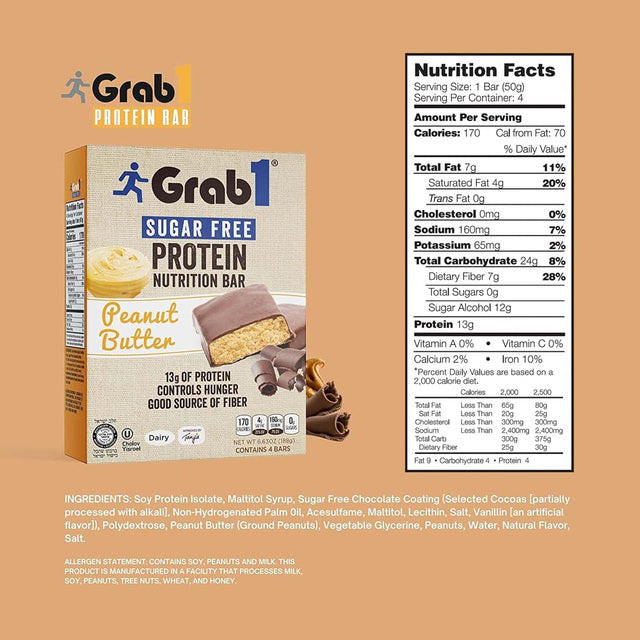 Grab1 Sugar Free Protein Bars, Peanut Butter (3 Pack- 12 Bars) | 7G Fiber | Delicious and Nutritious | Low Calorie | Zero Sugar