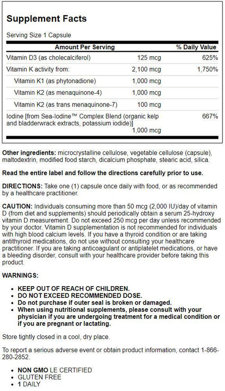 Life Extension Vitamins D and K with Sea-Iodine, Vitamin D3, Vitamin K1 and K2, Iodine, Supports Immune, Bone, Arterial and Thyroid Health, Non-Gmo, Gluten-Free, 60 Capsules