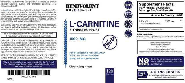 Premium L-Carnitine Tartrate Supplement - 1500Mg - Utilize Fat for Energy with Tartrate, Lean Muscle Gain, Boost Natural Energy, Support Metabolism & Fatigue, 120 Non-Gmo Pure L Carnitine Capsules