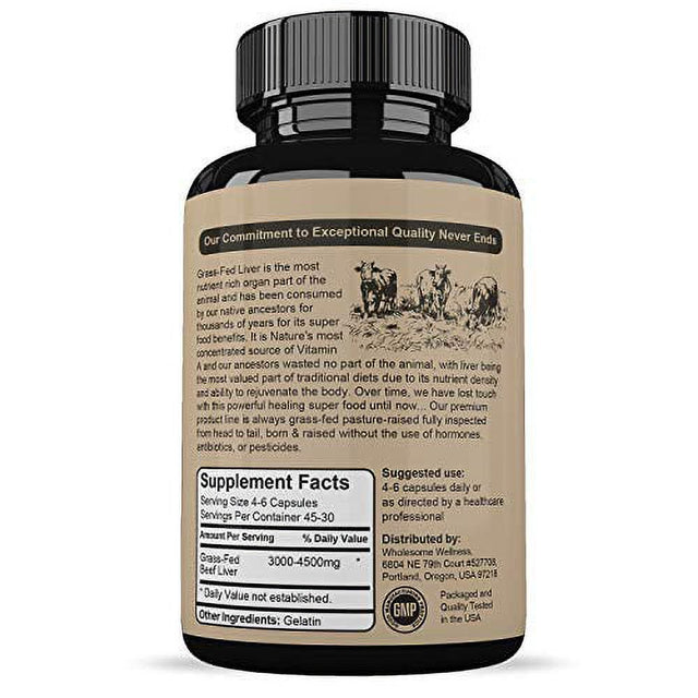 Grass Fed Desiccated Beef Liver Capsules (180 Pills, 750Mg Each) - Natural Iron, Vitamin A, B12 for Energy - Humanely Pasture Raised Undefatted in New Zealand without Hormones or Chemicals