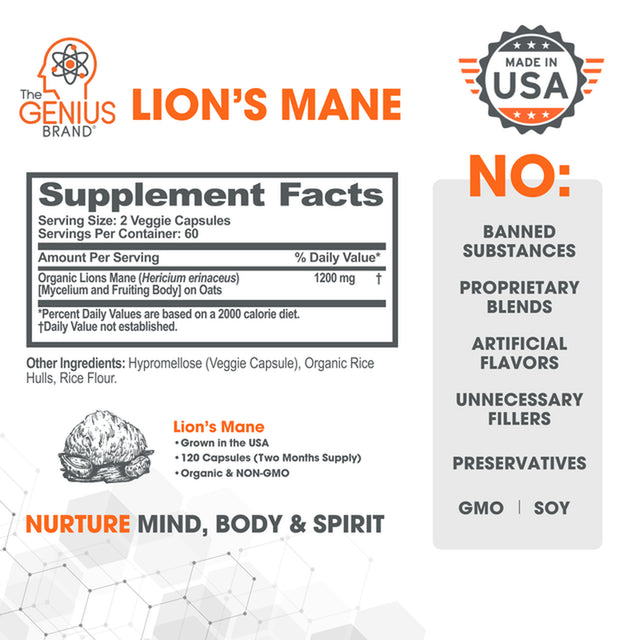 Lions Mane Mushroom Brain Supplement Nootropic for Energy, Focus, Memory & Immune System Booster by the Genius Brand