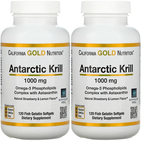 California Gold Nutrition Antarctic Krill Oil, Omega-3 Phospholipids with Naturally Occurring Astaxanthin, Natural Strawberry & Lemon Flavor, Non GMO, 1,000 Mg, 120 Fish Gelatin Softgels, 2 Pack