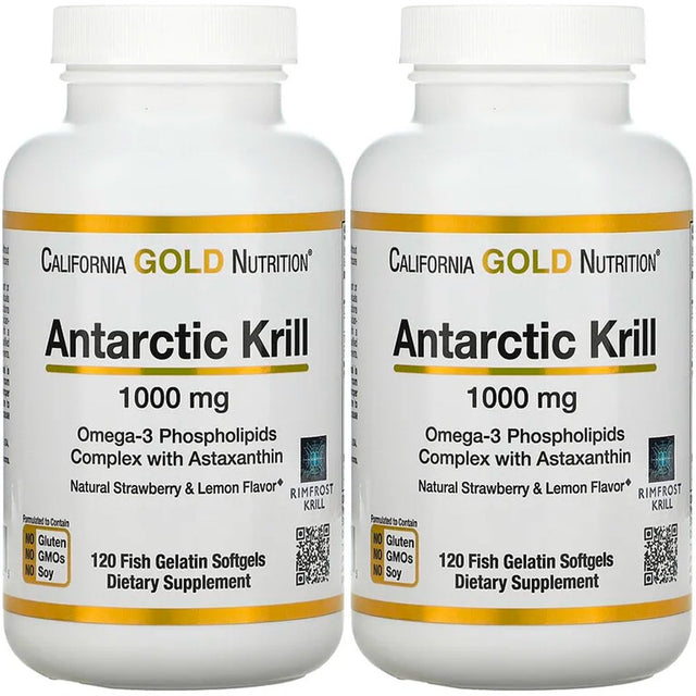 California Gold Nutrition Antarctic Krill Oil, Omega-3 Phospholipids with Naturally Occurring Astaxanthin, Natural Strawberry & Lemon Flavor, Non GMO, 1,000 Mg, 120 Fish Gelatin Softgels, 2 Pack