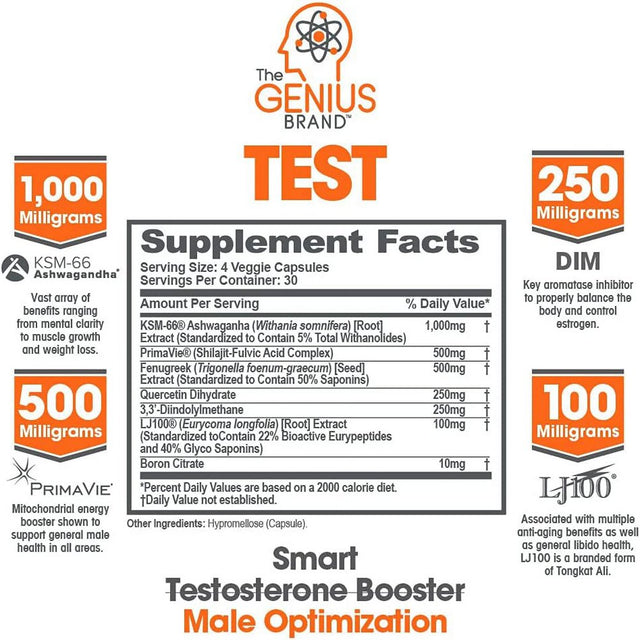 Testosterone Booster Supplement with Ashwagandha Natural Muscle Gainer, Supports Strength & Energy, Genius Test by the Genius Brand