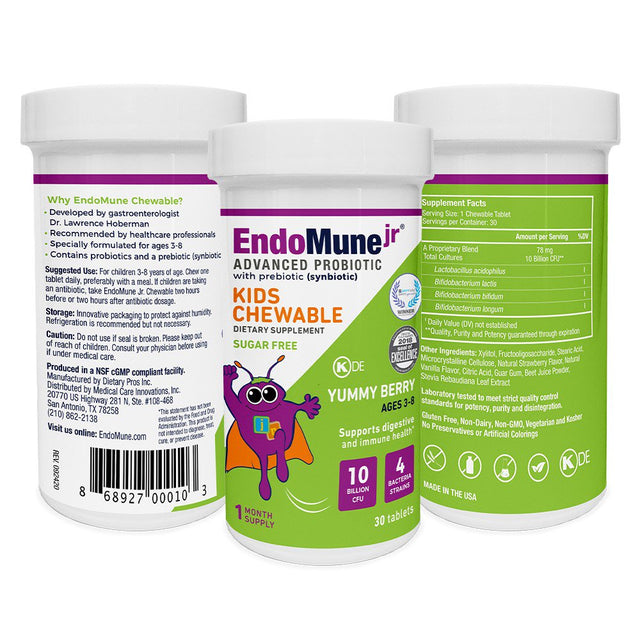 Endomune Advanced Probiotic with Prebiotic 10 Billion CFU 4 Strains - Supports Digestive & Immune Health for Kids (0-3 Years), Vegan and Gluten Free, Yummy Berry - 30 Chewable Tablets (2 Month Supply)