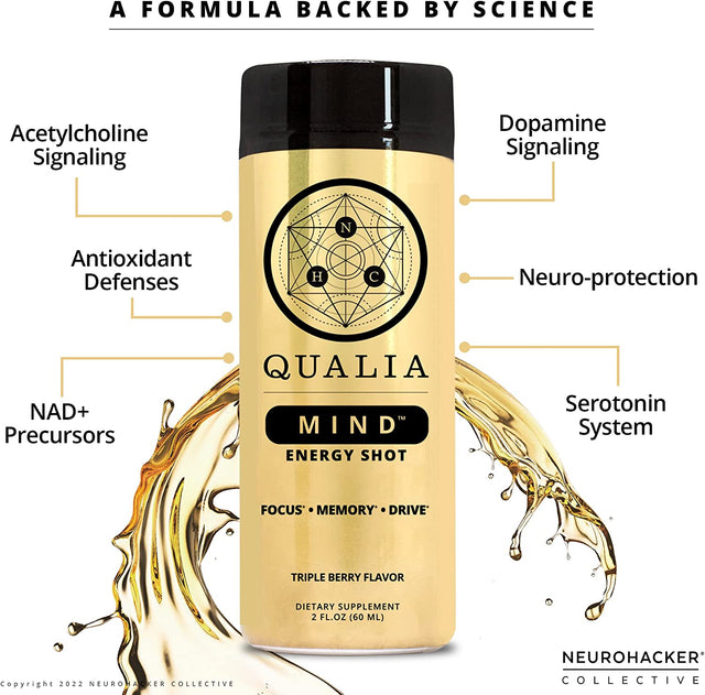 Qualia Mind Energy Shot | Clean Focus for Peak Mental Performance | Niacin Enhancer with Ginseng Root, Alpha GPC, and Caffeine | 2Oz Cognitive Enhancer Shot - 6 Pack