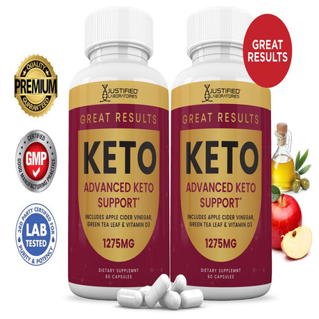 (2 Pack) Justified Laboratories Great Results Keto ACV Pills 1275Mg Dietary Supplement 120 Capsules