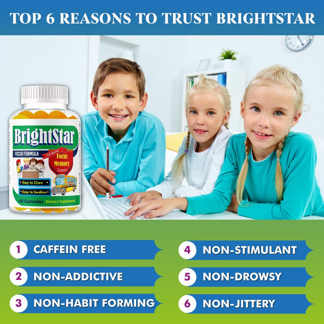 Brightstar Brain Focus Vitamins for Kids & Teens, Brain Support Gummy Vitamins, Focus Boost Gummies Kids Vitamin Gummies, Omega 3 for Kids, Brain Booster Supplement- 60Ct