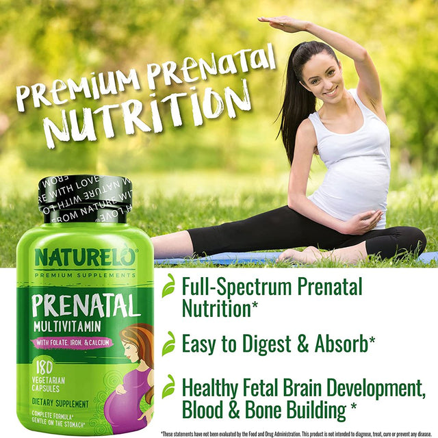 NATURELO Prenatal Multivitamin with Gentle Chelated Iron, Methyl Folate, Plant Calcium & Choline - Vegan, Vegetarian - Non-Gmo - Gluten Free - 180 Capsules