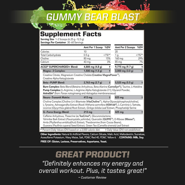 PMD Sports ACG3 Supercharged - Pre Workout - Powerful Strength, High Energy, Maximize Mental Focus, Endurance and Optimum Workout Performance for Men and Women - Gummy Bear Blast (60 Servings)