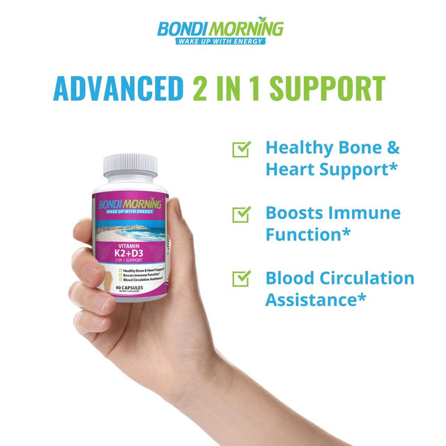 Bondi Morning Vitamin K2+D3 Supplement - High Potency 5000IU Vitamin D3 & 100Mg Vitamin K2 (MK7) - for Bone & Heart Health - 60 Vegan Capsules