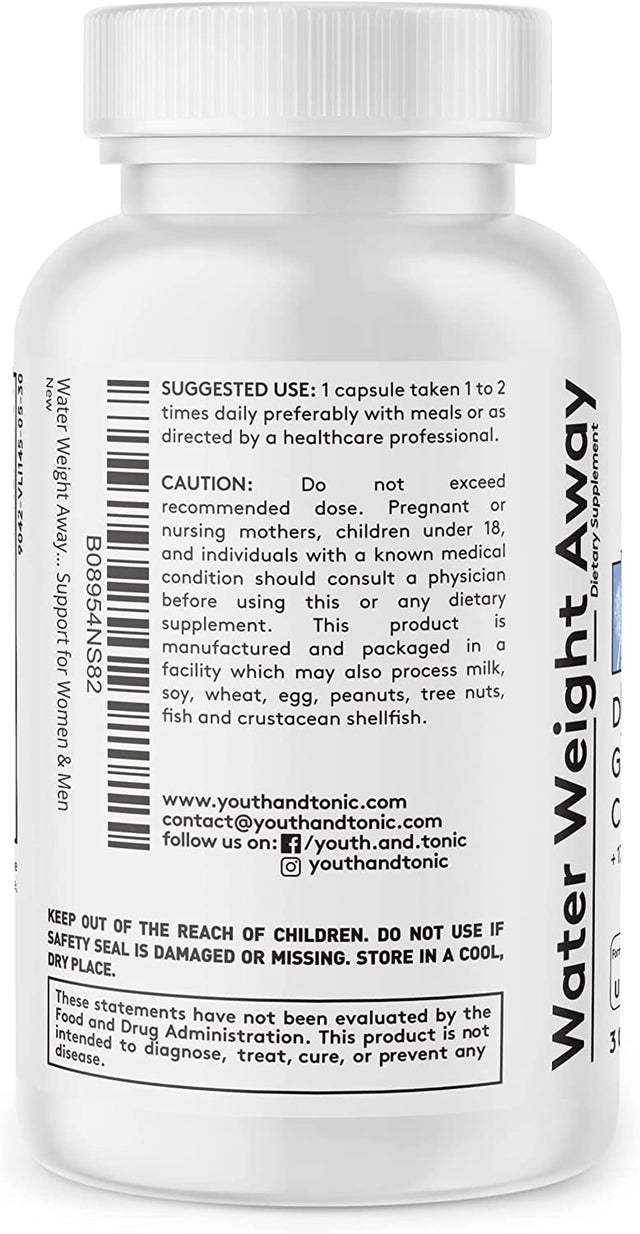 Youth & Tonic Natural Water Weight Away Pills for Swelling Water Retention & Belly Bloating - Herbal Diuretic Supplement for Women & Men - 30 Capsules W/Potassium Caffeine Free