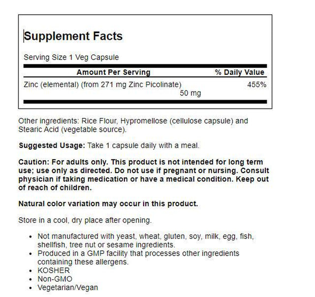 NOW Supplements, Zinc Picolinate 50 Mg, Supports Enzyme Functions, Immune Support, 120 Veg Capsules