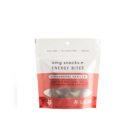 AMG Snacks Strawberry Vanilla Energy Bites | 4.3 Oz, Pack of 3 (18 Bites Total) | Date and Nut Energy Snacks Protein Bars | Non GMO, Gluten Free, Vegan Protein Bites | Made with All Natural Ingredients