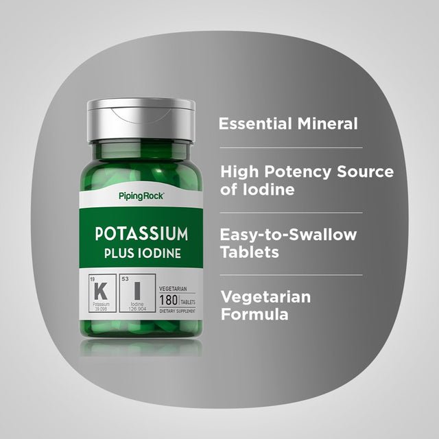 Potassium Supplement | 180 Tablets | with Iodine | Essential Mineral | Vegetarian, Non-Gmo, Gluten Free | by Piping Rock