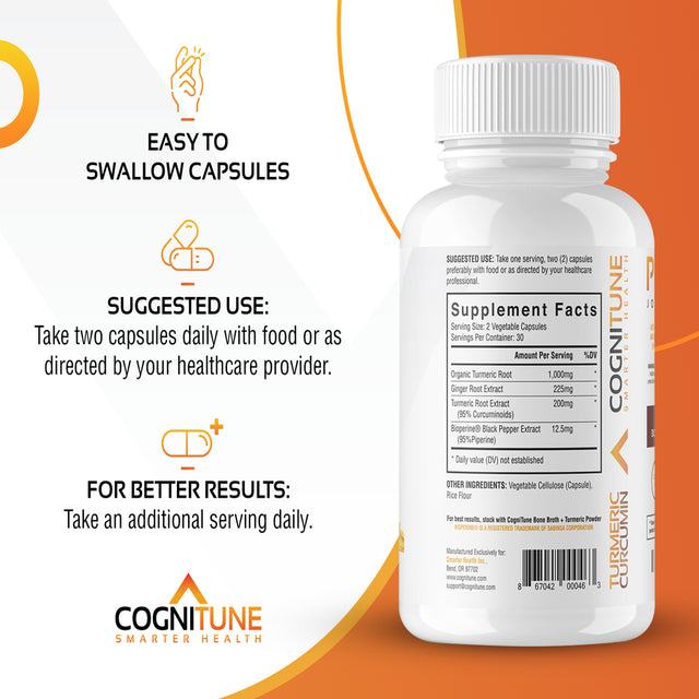 Cognitune Organic Turmeric Curcumin (95% Curcuminoids), Ginger & Bioperine, Potent Antioxidant, Joint Health Support, Dietary Supplements - 1425Mg