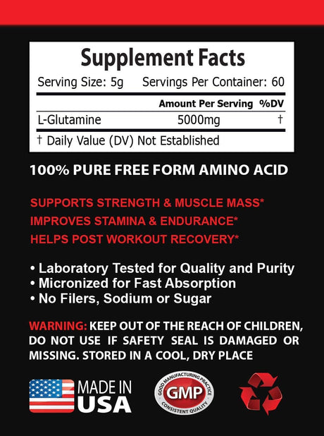 Muscle Mass Supplement - GLUTAMINE Powder 5000MG - PRE & Post Workout - Glutamine Powder Bulk Supplements - 3 Cans 900 Grams