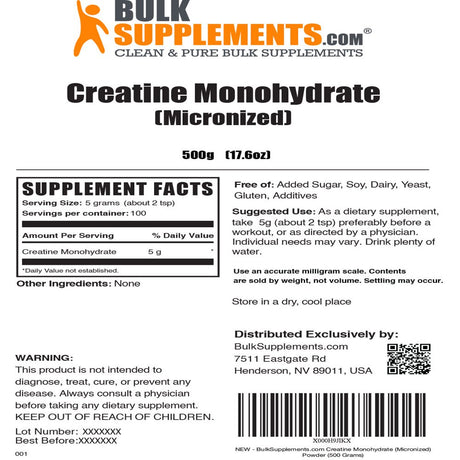 Bulksupplements.Com Creatine Monohydrate Powder, 5G 500 Grams, 17.6 Ounces, 100 Servings - Pre-Workout, Muscle Building