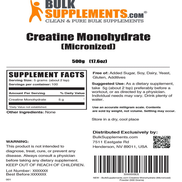 Bulksupplements.Com Creatine Monohydrate Powder, 5G 500 Grams, 17.6 Ounces, 100 Servings - Pre-Workout, Muscle Building